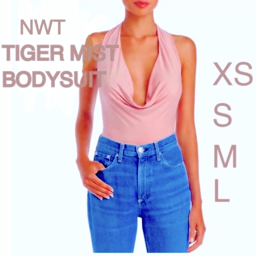 NWT TIGER MIST dusty pink bodysuit dusty rose silky highleg low drape halter